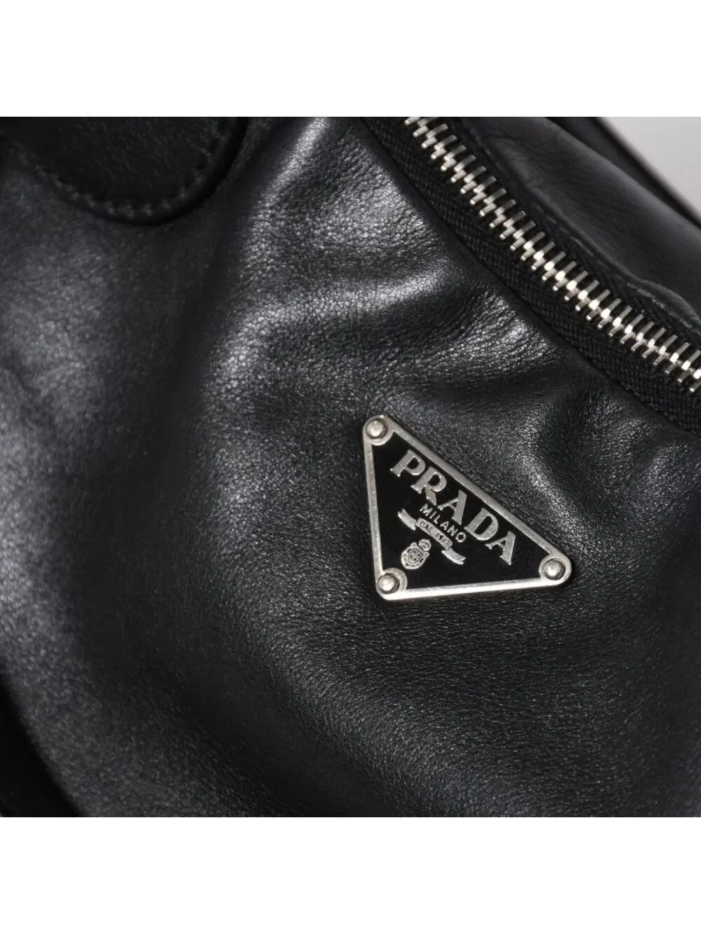 Prada Black Leather Handbag Silver Metal Patent Plate